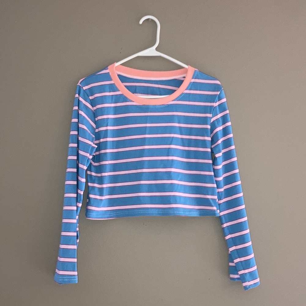Cropped Blue and Pink Striped Long Sleeve